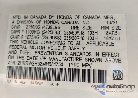 2021 Honda Cr-V Awd Ex z USA, uszkodzony, nr VIN 2HKRW2H52MH684754